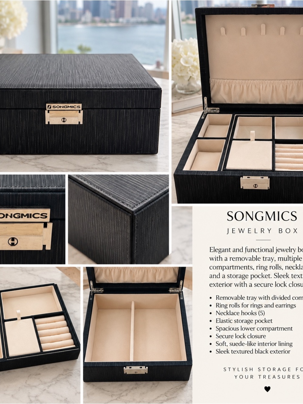 SONGMICS Black Jewelry Box Organizer Locking Removable Tray